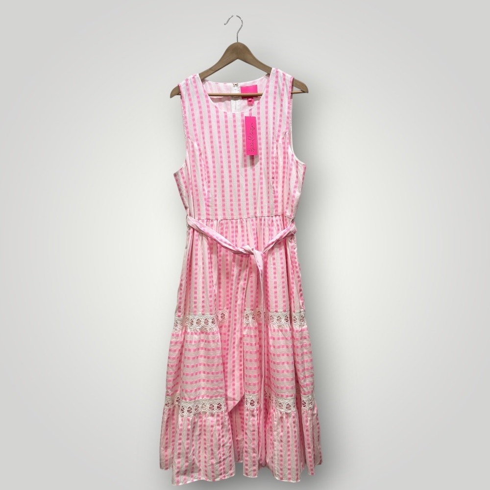 Lilly Pulitzer Maybella Midi Dress Pink Isle Gingham Stripe Lace Trim 16 NEW - Picture 2 of 10